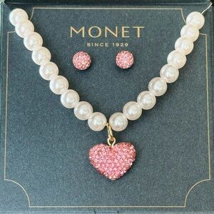 Monet Pink Crystal Heart Pearl Necklace & Stud Earrings Set